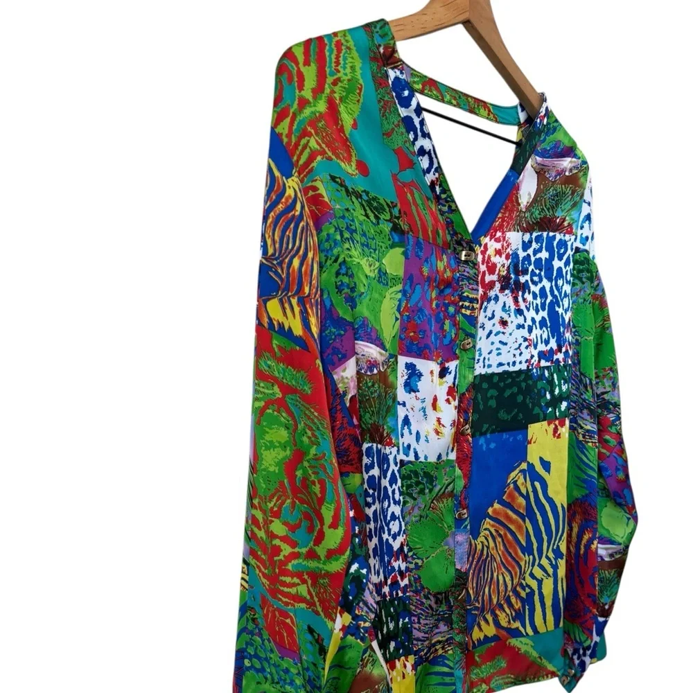 Alberto Makali Colorful Animal Print Patch Blouse Sz M Ruffle Back - Picture 2 of 10
